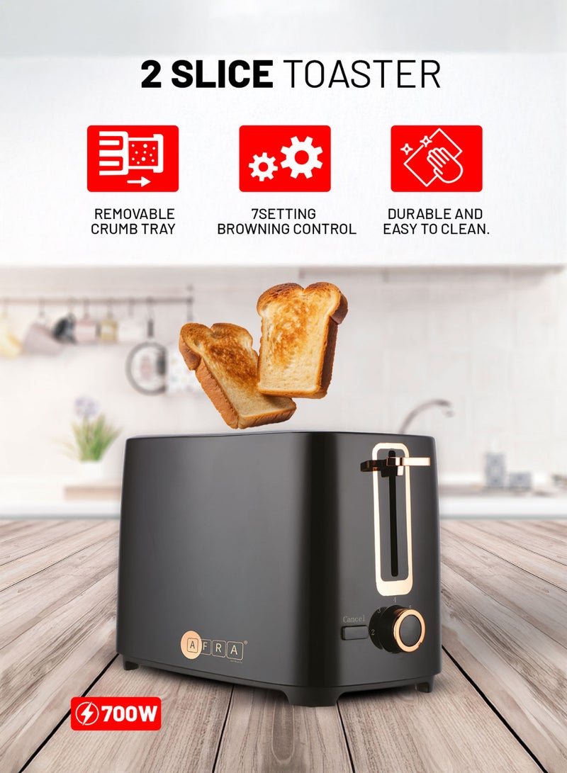 AFRA 2-Slice Toaster | 700W | Polished Plastic Body with Golden Decoration | Eject Button with Safety Device | 2-Year Warranty 700 W AF-100700TOBL Black  - Image 1