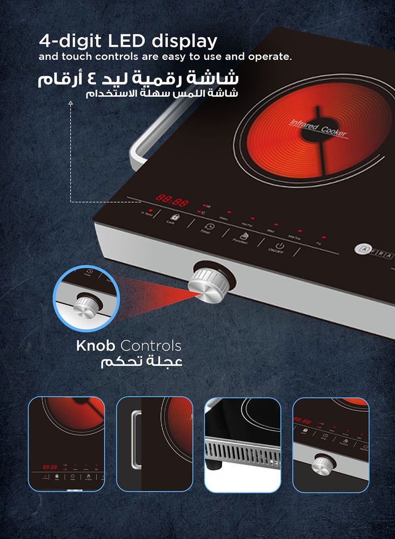 Infrared Cooker | 3000W Power |  8 Power/Temperature Levels | 3-Hour Timer | Touch & Knob Control | Child Lock | High-Quality Crystal Plate | 2-Year Warranty AF-3000ICBK Black