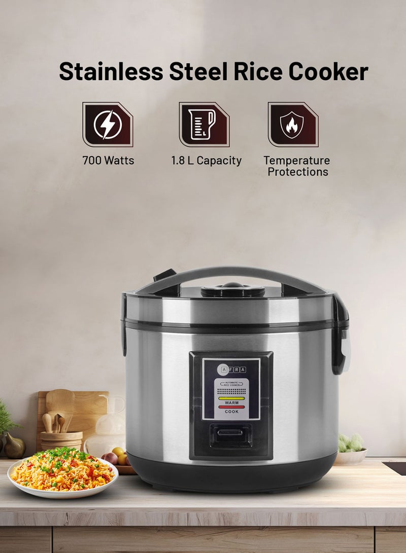 AFRA - Rice Cooker | 1.8L Capacity | 700W | Automatic Keep Warm Function | Non-Stick Coating | Detachable Power Cord | Measuring Cup & Spoon | 1-Year Warranty 1.8 L 700 W AF-1870DRSS Black - Image 1