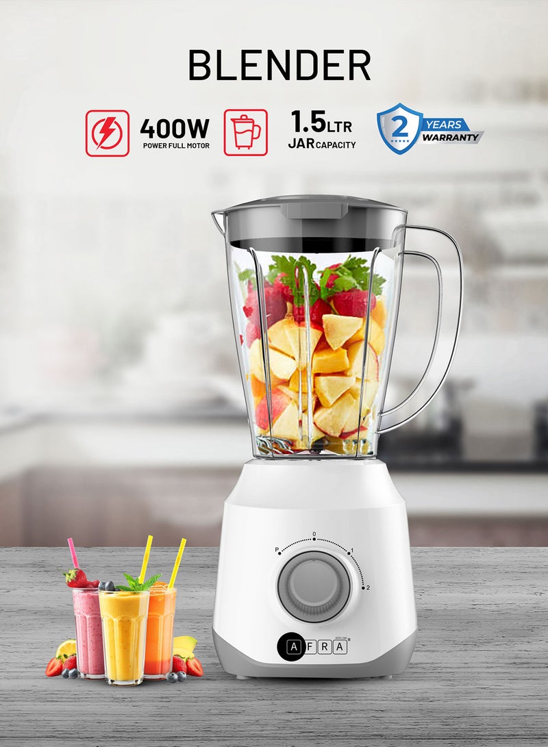 AFRA Countertop Blender | 400W | 1.5L Plastic Jar | 2-Speed Control | Pulse Function | Stainless Steel Blades | Compact & Durable | 2-Year Warranty 1.5 L 400 W AF-1550BLWT White  - Image 1
