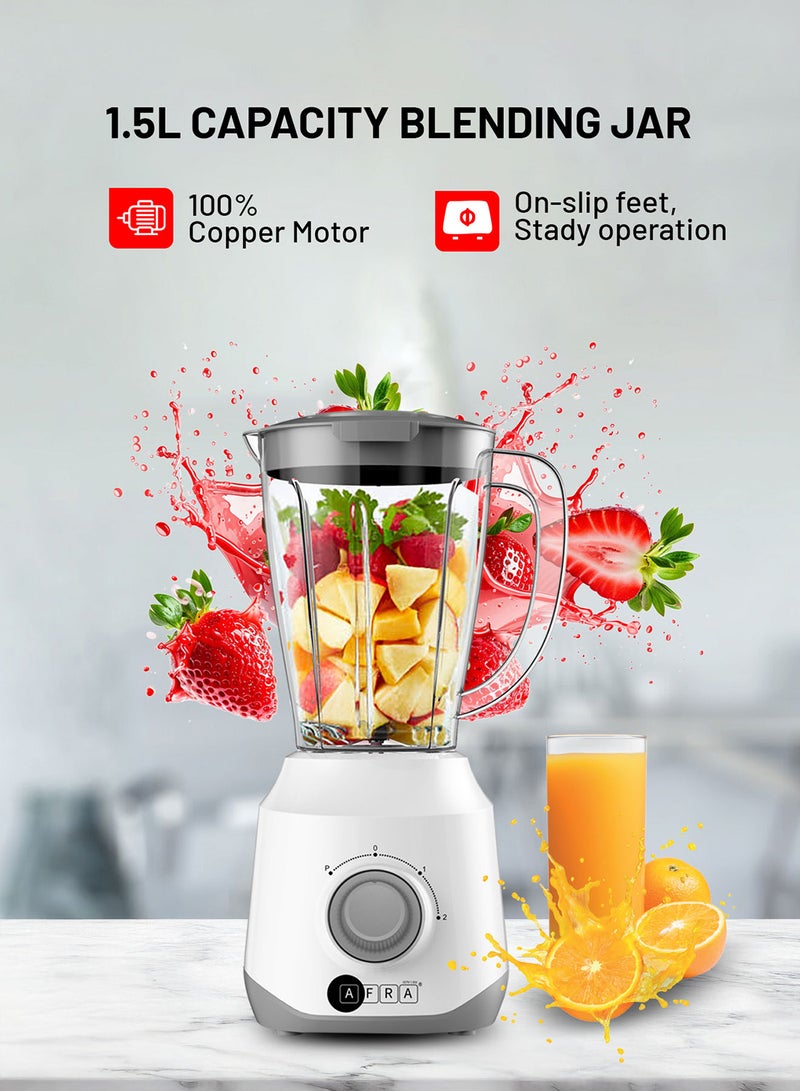 AFRA Countertop Blender | 400W | 1.5L Plastic Jar | 2-Speed Control | Pulse Function | Stainless Steel Blades | Compact & Durable | 2-Year Warranty 1.5 L 400 W AF-1550BLWT White  - Image 3