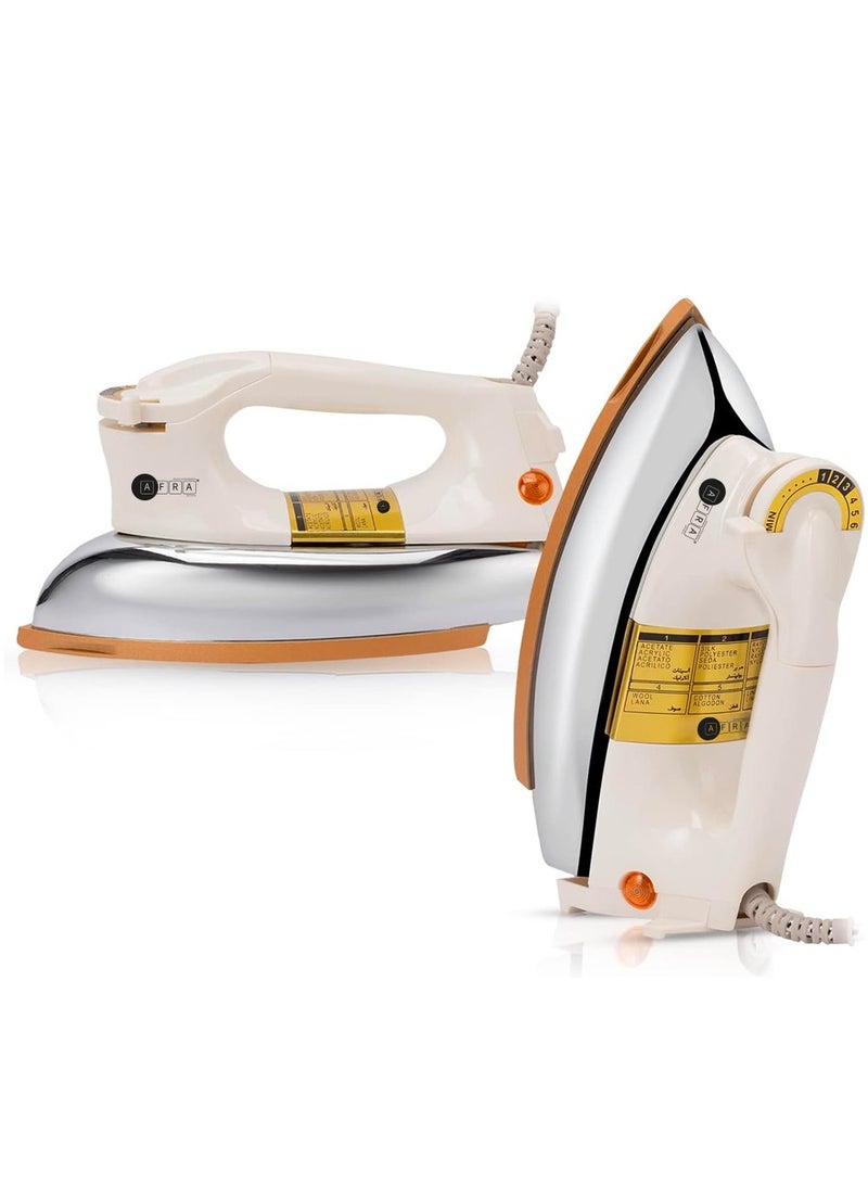 AFRA AFRA Automatic Dry Iron, 2kg, Non-Stick Soleplate, Gold Teflon Coating, Heat Distribution, Ergonomic Handle, Thermal Control, 6 Settings, Auto Cut-Off, AF-2000DIWH, 2-year warranty 1000 W AF-2000DIWH White & Gold  - Image 1