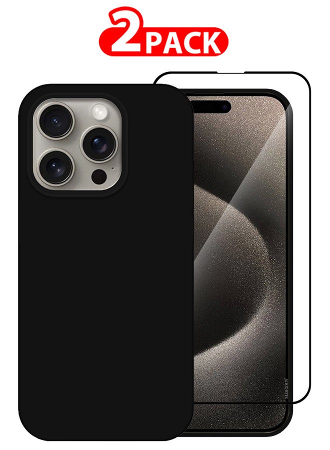 MARGOUN 2 Pack For iPhone 15 Pro Case and Screen Protector Silicone Case Full Body Protective Cover Shockproof Slim Phone Case Anti-Scratch Soft Microfiber Lining Black - Image 1