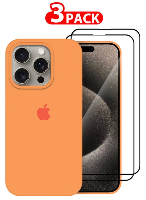 3 Pack For iPhone 15 Pro Max Case and 2 Screen Protectors Silicone Case Full Body Protective Cover Shockproof Slim Phone Case Anti-Scratch Soft Microfiber Lining Orange