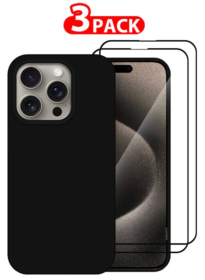 MARGOUN 3 Pack For iPhone 15 Pro Max Case and 2 Screen Protectors Silicone Case Full Body Protective Cover Shockproof Slim Phone Case Anti-Scratch Soft Microfiber Lining Black - Image 1