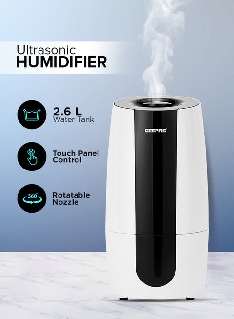 Ultrasonic Humidifier 2.6 L Water Tank, Touch Panel Control/ Cool Mist Operation, 2 Speed and 360-Degree Rotatable Nozzle/ Multiple Functions, Filter for Purifying and Softening Water. GUH63072UK White & black