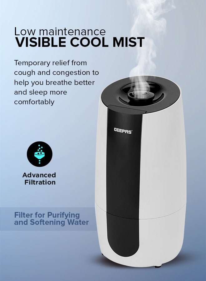 Ultrasonic Humidifier 2.6 L Water Tank, Touch Panel Control/ Cool Mist Operation, 2 Speed and 360-Degree Rotatable Nozzle/ Multiple Functions, Filter for Purifying and Softening Water. GUH63072UK White & black