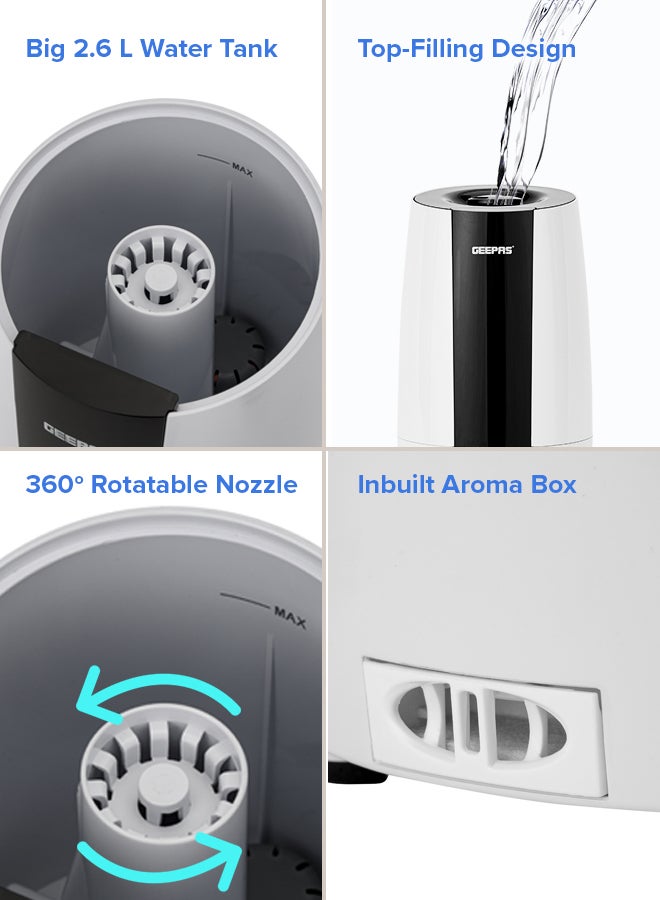 Ultrasonic Humidifier 2.6 L Water Tank, Touch Panel Control/ Cool Mist Operation, 2 Speed and 360-Degree Rotatable Nozzle/ Multiple Functions, Filter for Purifying and Softening Water. GUH63072UK White & black