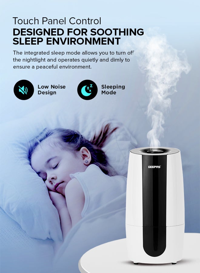 Ultrasonic Humidifier 2.6 L Water Tank, Touch Panel Control/ Cool Mist Operation, 2 Speed and 360-Degree Rotatable Nozzle/ Multiple Functions, Filter for Purifying and Softening Water. GUH63072UK White & black
