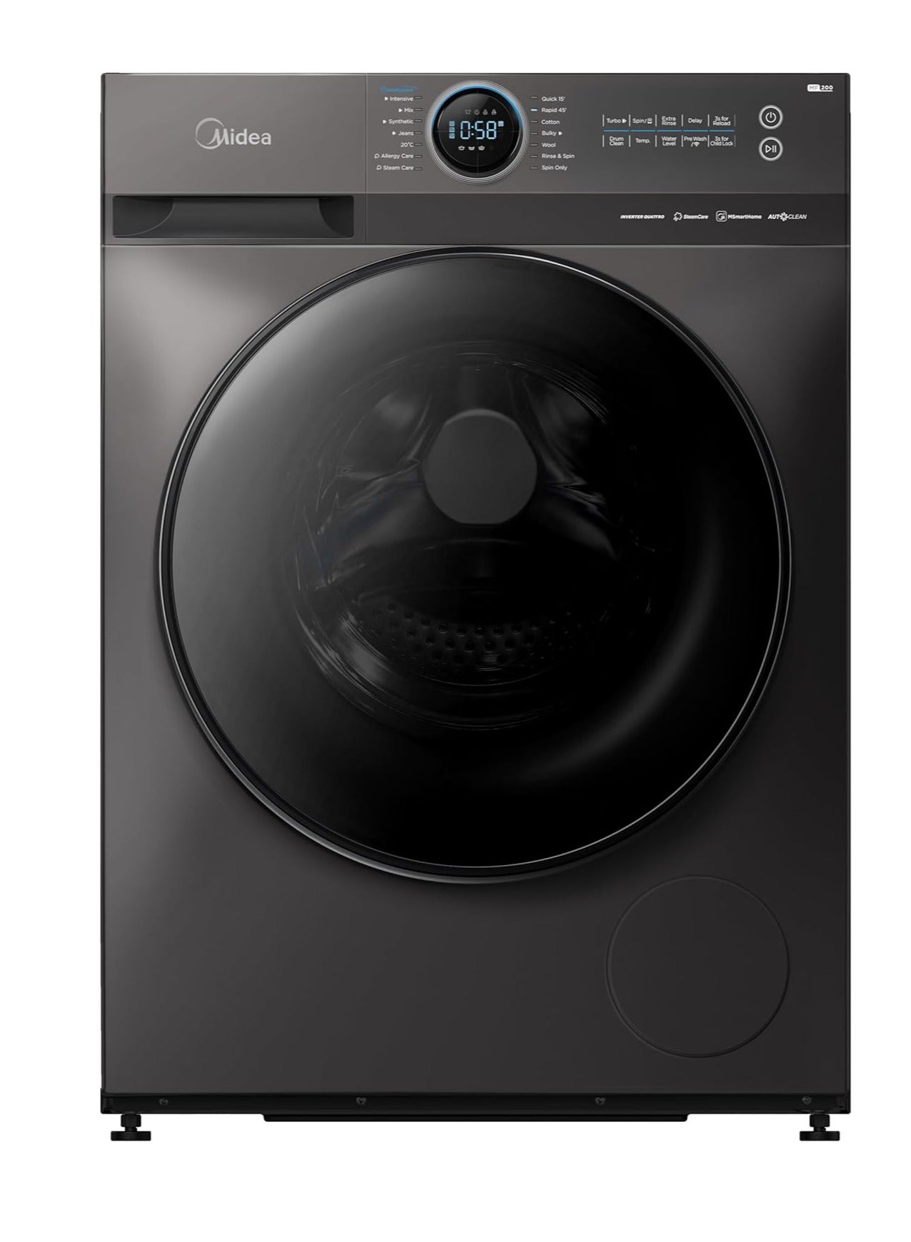 Midea غسالة ملابس ميديا فول اوتوماتيك بتقنية الانفرتر، تحميل امامي، 9 كجم، فضي تيتانيوم - MF200W90B/TT