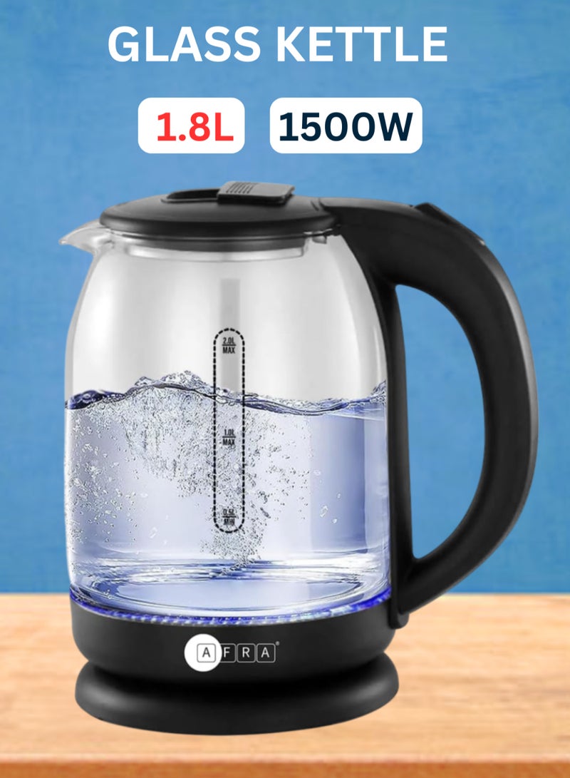 AFRA Electric Kettle | 1.8L | 1500W | Glass Body | LED Light Indicator | 360° Cordless | Overheat Protection | 2-Year Warranty 1.8 L 1500 W AF-1820KTGL Black/Clear  - Image 1