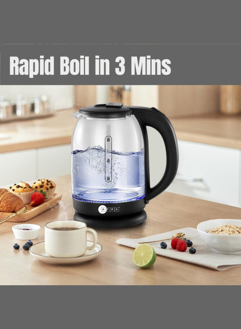 AFRA Electric Kettle | 1.8L | 1500W | Glass Body | LED Light Indicator | 360° Cordless | Overheat Protection | 2-Year Warranty 1.8 L 1500 W AF-1820KTGL Black/Clear  - Image 3