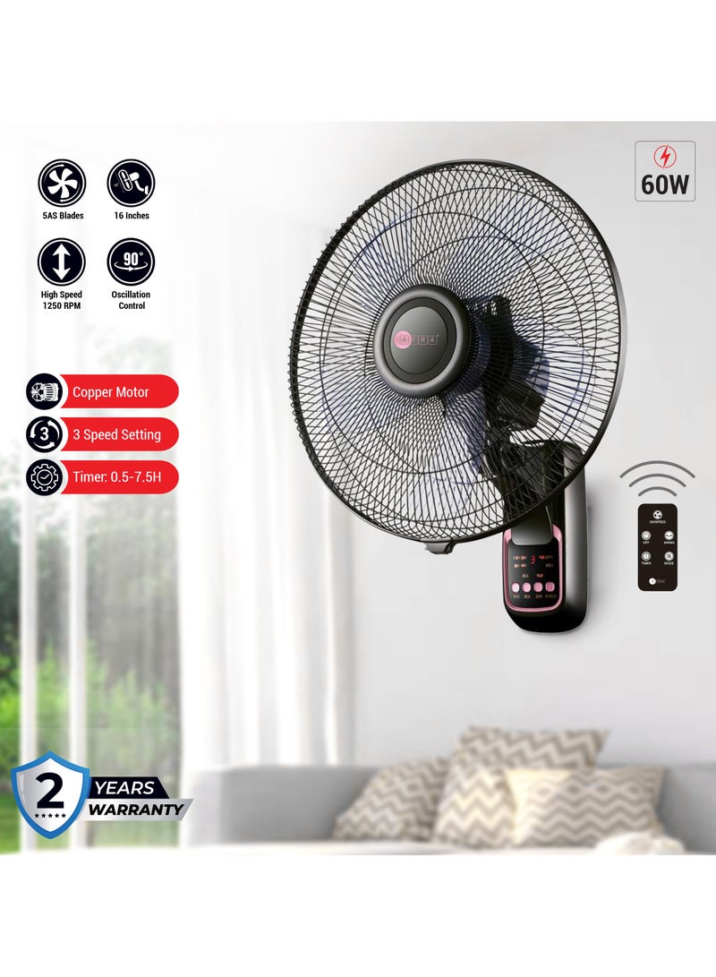 AFRA Wall Mount Fan, 16 Inch, 60w, 5.5m3/min Flow Rate, 90° Oscillation, RPM 1250 with Remote 3 Speed Controller, Black & Rose Gold, AF-1612WFBG, 2 Year Warranty 60 W AF-1612WFBG black - pnsku/N70069456V/45/_/1715067121/285cbbbc-ae99-4c78-9a8d-1da3f2e0df56