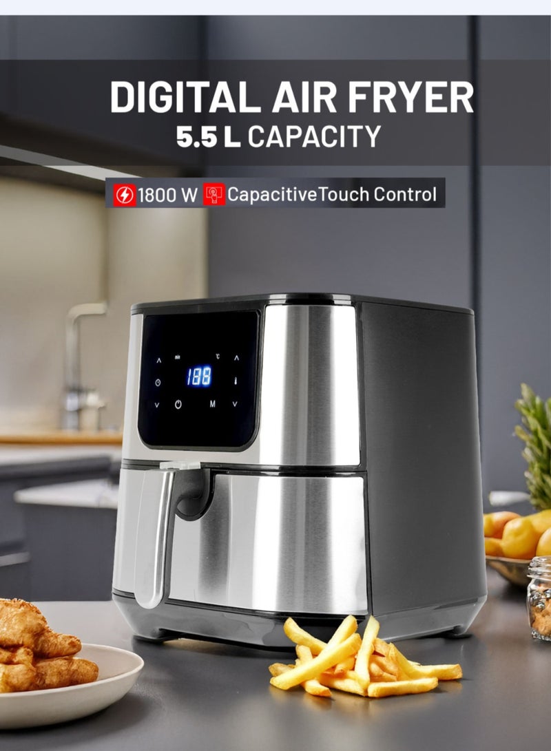AFRA - Digital Air Fryer |  5.5L | 1600-1800W | Oil-Free Cooking | Adjustable Temperature & Timer | Rapid Air Circulation | Overheat Protection | Non-Stick Basket | Cool-Touch Handle | Family-Sized |2-Year Warranty 5.5 L 1500 W AF-5518AFSS Silver - Image 1