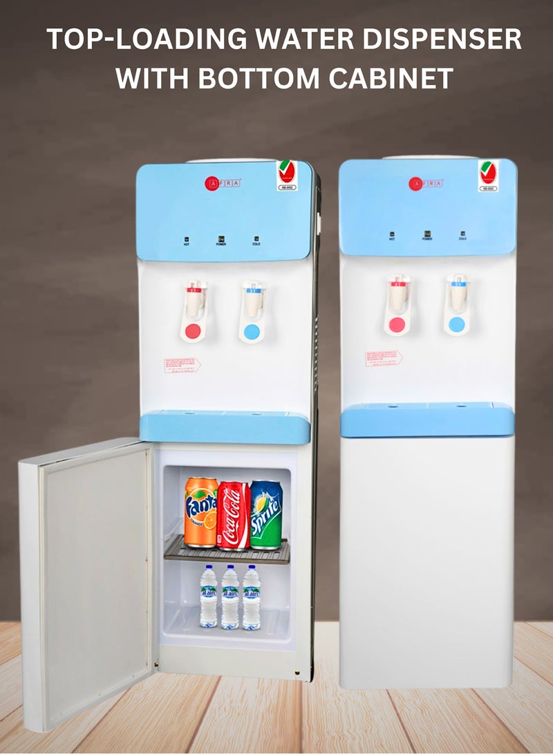 عفرا خزانة موزع المياه AFRA، 5 لتر، 630 وات، مثبتة على الأرض، تحميل علوي، تبريد ضاغط، 2 صنبور، خزانات من الفولاذ المقاوم للصدأ، أزرق وأبيض، معتمدة من G-MARK وESMA وROHS وCB، AF-95WDWT، ضمان لمدة عامين - Image 1