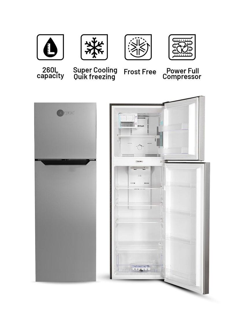 AFRA - 260L Double Door Frost-Free Refrigerator with Multi-Flow Cooling| Fresh Zone| and Optional Ice Maker | Energy Efficient Design with LED Display | 2-Year Warranty 220 L 150 W AF-2200RFSS Silver - Image 1