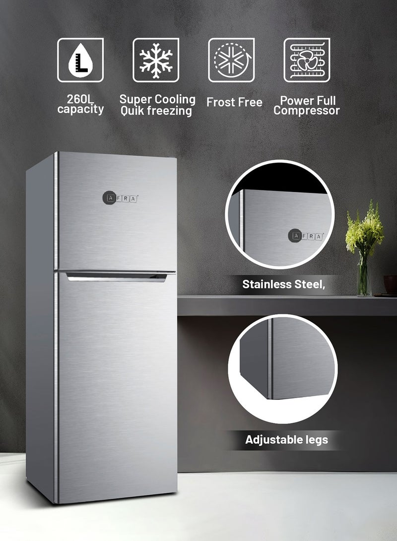 AFRA - 260L Double Door Frost-Free Refrigerator with Multi-Flow Cooling| Fresh Zone| and Optional Ice Maker | Energy Efficient Design with LED Display | 2-Year Warranty 220 L 150 W AF-2200RFSS Silver - Image 1