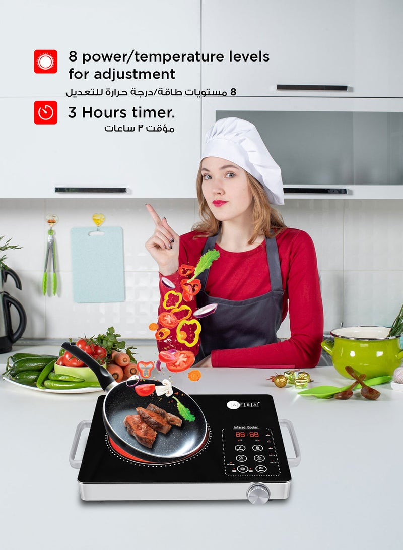 AFRA Infrared Cooker | 2000W Power | 8 Power/Temperature Levels | 3-Hour Timer | Dual Ring | Touch & Knob Control | Child Lock | High-Quality Crystal Plate | 2-Year Warranty AF-2000ICBK Black  - Image 5