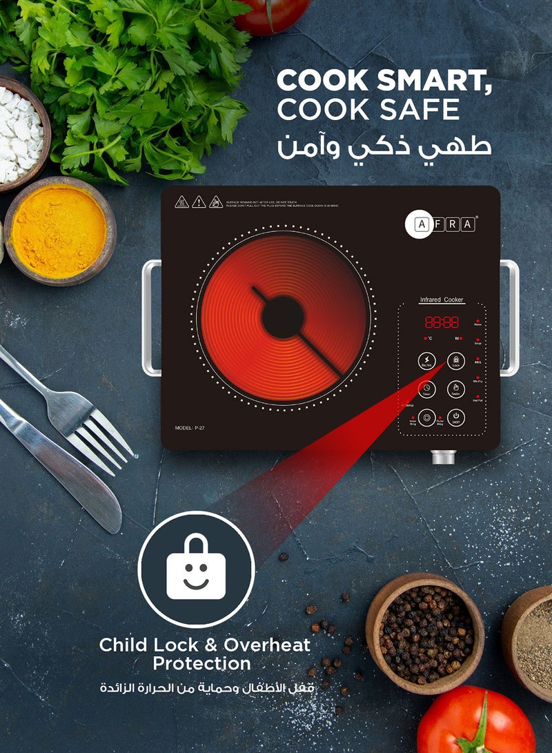 AFRA Infrared Cooker | 2000W Power | 8 Power/Temperature Levels | 3-Hour Timer | Dual Ring | Touch & Knob Control | Child Lock | High-Quality Crystal Plate | 2-Year Warranty AF-2000ICBK Black  - Image 2