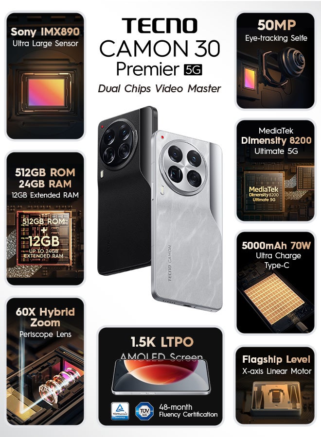 تكنو هاتف Camon 30 Preimer ثنائي الشريحة بلون فضي ثلجي وذاكرة وصول عشوائي (RAM) سعة 12 جيجابايت وذاكرة تخزين داخلية 512 جيجابايت يدعم تقنية 5G - إصدار الشرق الأوسط - Image 2