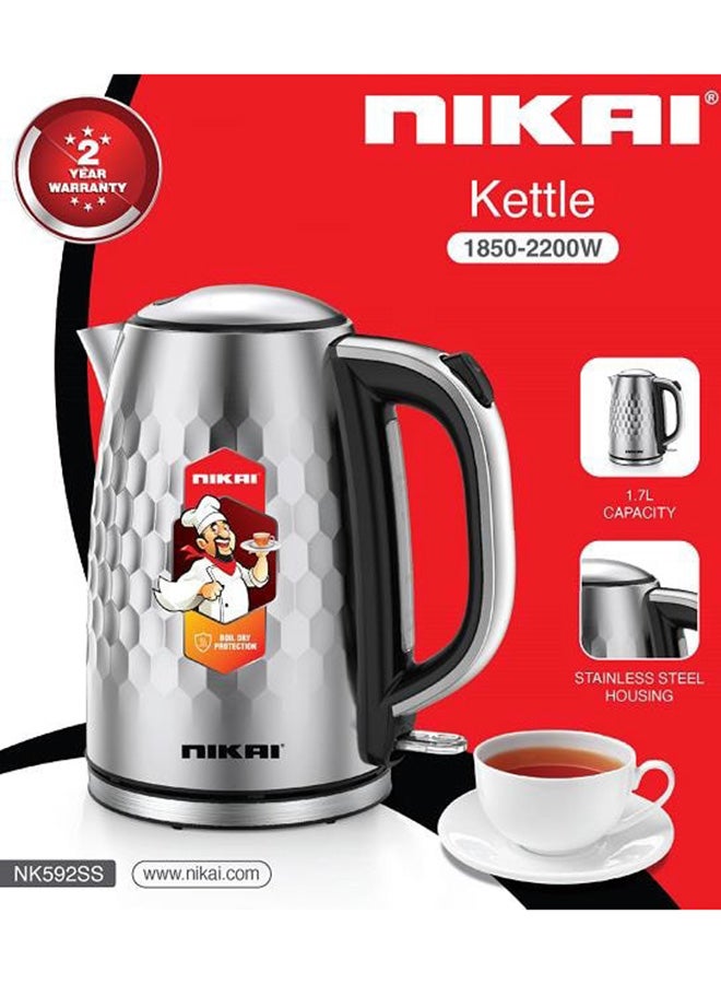 NIKAI - Double Layer Kettle, Stainless Steel Body, 1850-2200 Watts, Indicator Light, Cool Touch, 1.7L Capacity 1.7 L 2200 W NK592SS Silver - Image 1