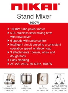 NIKAI Stand Mixer 6 Speed With Pulse And 3 Mixing Modes 1000 W NSM500A Gold  - Image 3