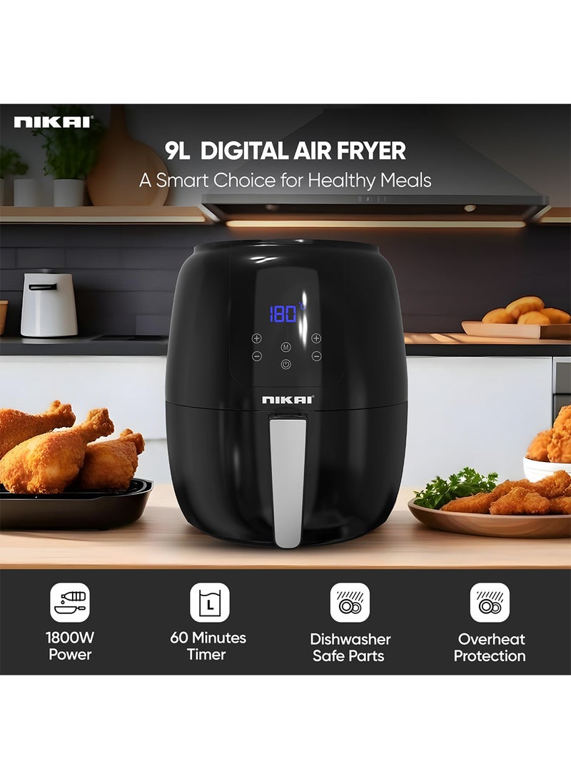 NIKAI 9L Digital Air Fryer with 1800W Power | 80-200°C Temperature Range | 60-Minute Timer | Overheating Protection | Non-Stick Coated Pan & Dishwasher Safe 9 L 1800 W NAF999D Black  - Image 2