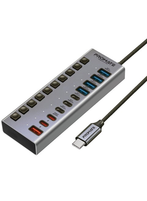 Promate 10 in 1 USB-C™ MultiPort Hub, 3 USB-C™ and  4 USB-A™ Ports with 5Gbps Data Transfer, Fast Charging USB-C and USB-A Ports, 20W USB-C™ PD Port with Individual Power Switches, GegaHub-5G Grey