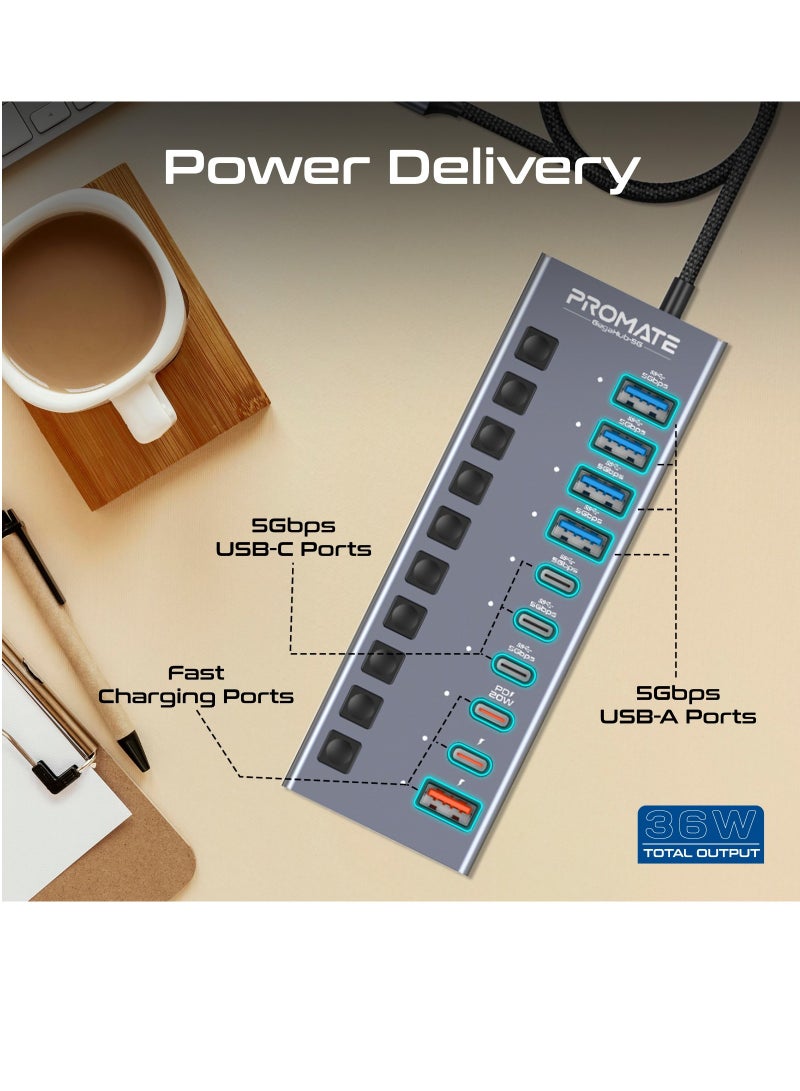 Promate 10 in 1 USB-C™ MultiPort Hub, 3 USB-C™ and  4 USB-A™ Ports with 5Gbps Data Transfer, Fast Charging USB-C and USB-A Ports, 20W USB-C™ PD Port with Individual Power Switches, GegaHub-5G Grey