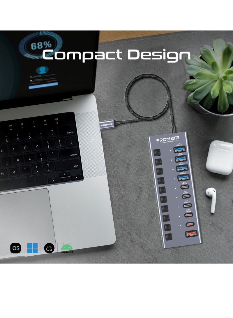 Promate 10 in 1 USB-C™ MultiPort Hub, 3 USB-C™ and  4 USB-A™ Ports with 5Gbps Data Transfer, Fast Charging USB-C and USB-A Ports, 20W USB-C™ PD Port with Individual Power Switches, GegaHub-5G Grey