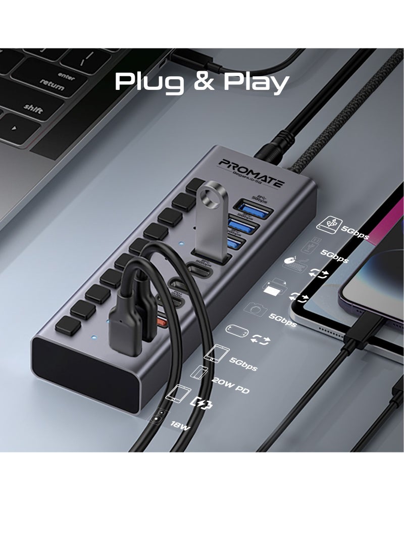 Promate 10 in 1 USB-C™ MultiPort Hub, 3 USB-C™ and  4 USB-A™ Ports with 5Gbps Data Transfer, Fast Charging USB-C and USB-A Ports, 20W USB-C™ PD Port with Individual Power Switches, GegaHub-5G Grey