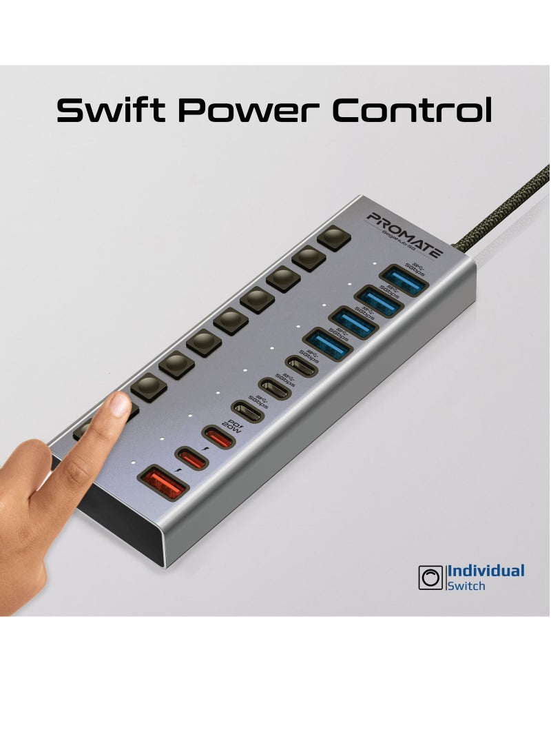 Promate 10 in 1 USB-C™ MultiPort Hub, 3 USB-C™ and  4 USB-A™ Ports with 5Gbps Data Transfer, Fast Charging USB-C and USB-A Ports, 20W USB-C™ PD Port with Individual Power Switches, GegaHub-5G Grey