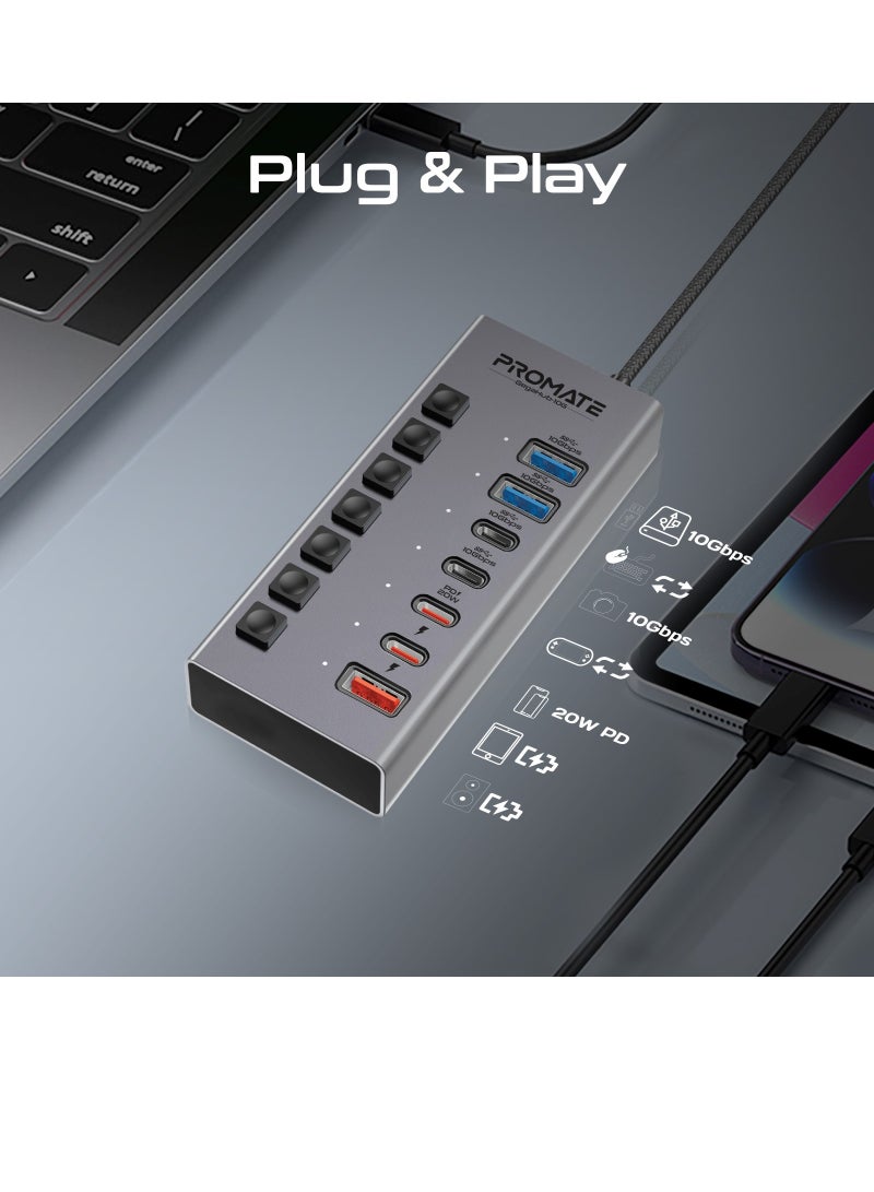 بروميت موزع USB-C متعدد المنافذ 7 في 1 من بروميت، منافذ USB-C مزدوجة بسرعة 10 جيجابت في الثانية، منافذ USB-A مزدوجة بسرعة 10 جيجابت في الثانية، منافذ USB-C وUSB-A للشحن السريع، منفذ USB-C فعال بقدرة 20 وات منفذ C PD، مفتاح طاقة فردي، GegaHub-10G رمادي - Image 4