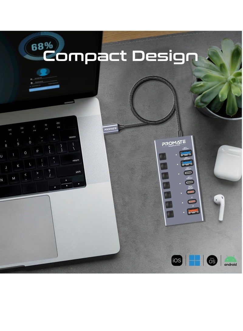 بروميت موزع USB-C متعدد المنافذ 7 في 1 من بروميت، منافذ USB-C مزدوجة بسرعة 10 جيجابت في الثانية، منافذ USB-A مزدوجة بسرعة 10 جيجابت في الثانية، منافذ USB-C وUSB-A للشحن السريع، منفذ USB-C فعال بقدرة 20 وات منفذ C PD، مفتاح طاقة فردي، GegaHub-10G رمادي - Image 2