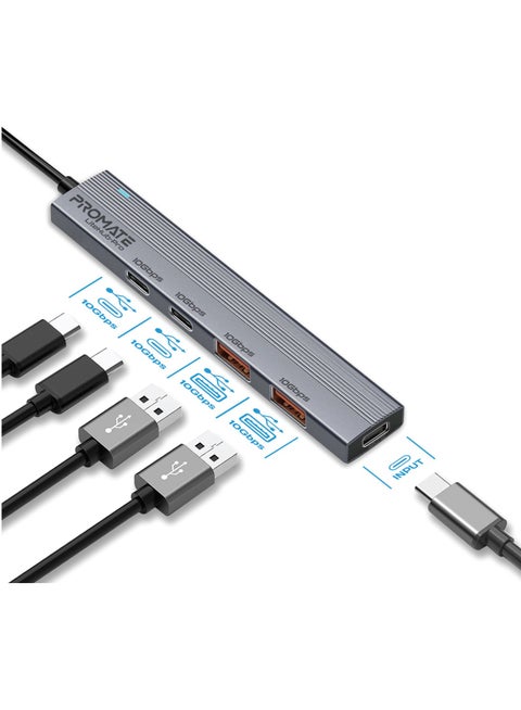 Promate 4-in-1 Multi-Display Hub, Dual USB-A Ports and Dual USB-C Ports with 10Gbps Data Transfer, 15W USB-C Power Supply Input, Compact Design, Built-in USB-C™ Connector, and Plug & Play  for  Laptop Grey
