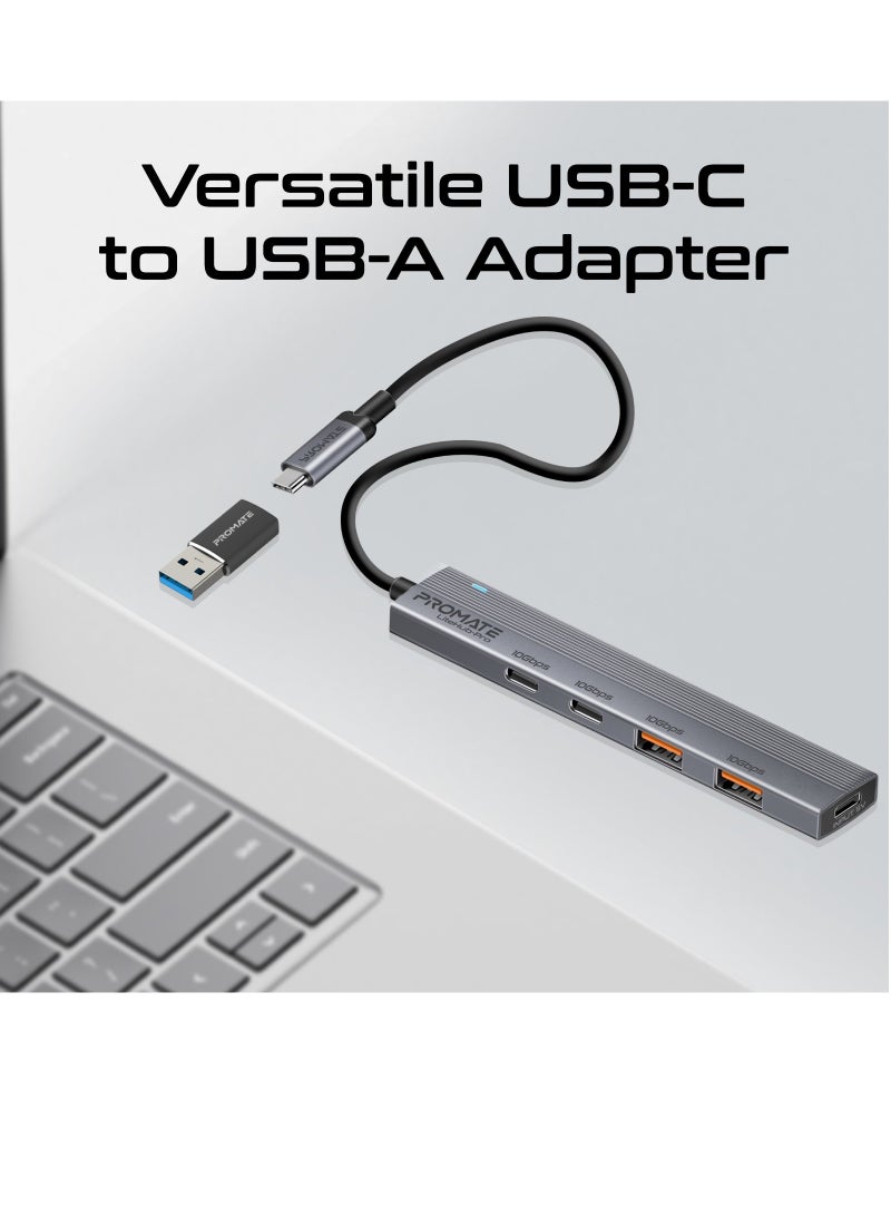 Promate 4-in-1 Multi-Display Hub, Dual USB-A Ports and Dual USB-C Ports with 10Gbps Data Transfer, 15W USB-C Power Supply Input, Compact Design, Built-in USB-C™ Connector, and Plug & Play  for  Laptop Grey