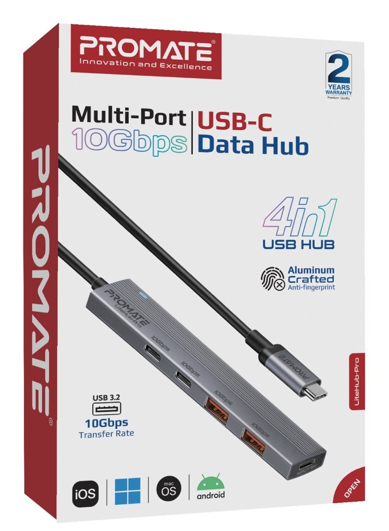 Promate 4-in-1 Multi-Display Hub, Dual USB-A Ports and Dual USB-C Ports with 10Gbps Data Transfer, 15W USB-C Power Supply Input, Compact Design, Built-in USB-C™ Connector, and Plug & Play  for  Laptop Grey
