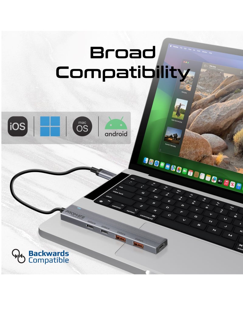 Promate 4-in-1 Multi-Display Hub, Dual USB-A Ports and Dual USB-C Ports with 10Gbps Data Transfer, 15W USB-C Power Supply Input, Compact Design, Built-in USB-C™ Connector, and Plug & Play  for  Laptop Grey