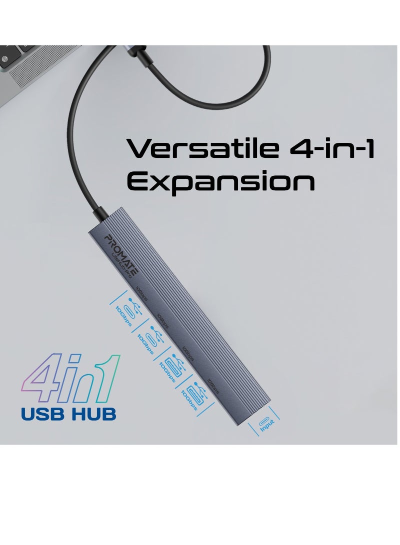Promate 4-in-1 Multi-Display Hub, Dual USB-A Ports and Dual USB-C Ports with 10Gbps Data Transfer, 15W USB-C Power Supply Input, Compact Design, Built-in USB-C™ Connector, and Plug & Play  for  Laptop Grey