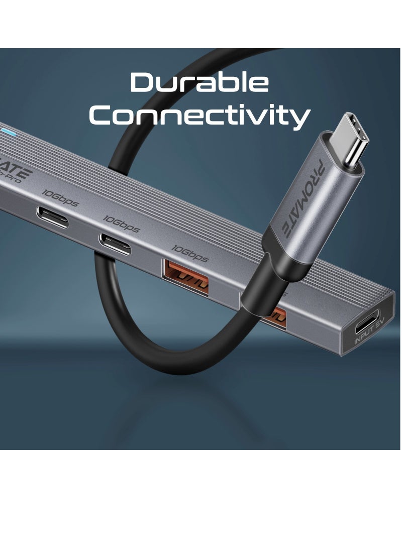 Promate 4-in-1 Multi-Display Hub, Dual USB-A Ports and Dual USB-C Ports with 10Gbps Data Transfer, 15W USB-C Power Supply Input, Compact Design, Built-in USB-C™ Connector, and Plug & Play  for  Laptop Grey