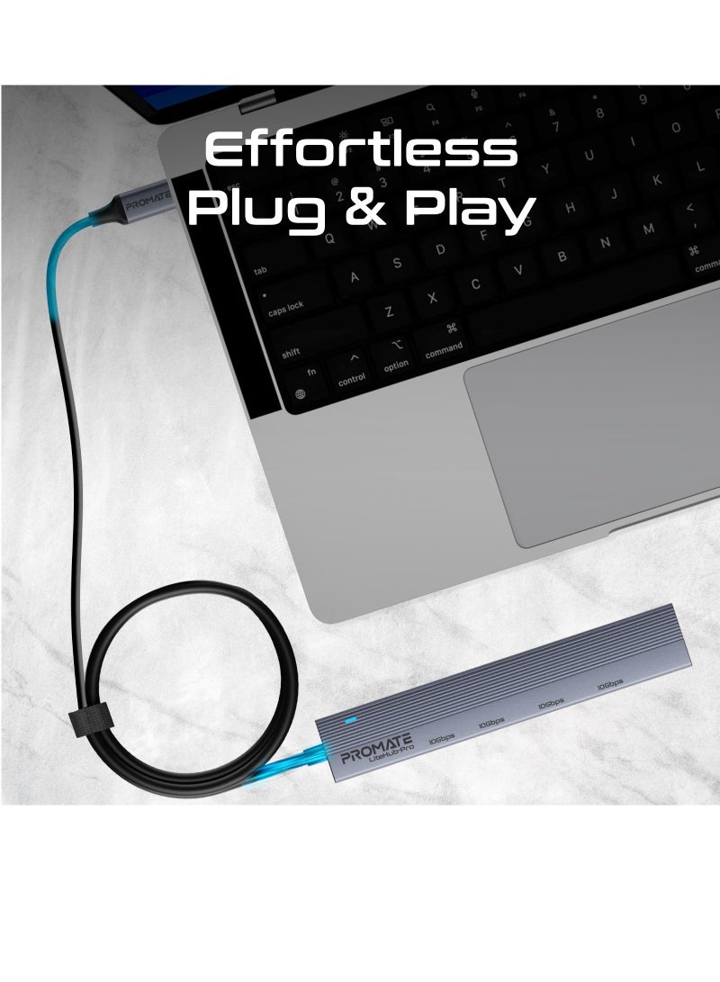 Promate 4-in-1 Multi-Display Hub, Dual USB-A Ports and Dual USB-C Ports with 10Gbps Data Transfer, 15W USB-C Power Supply Input, Compact Design, Built-in USB-C™ Connector, and Plug & Play  for  Laptop Grey