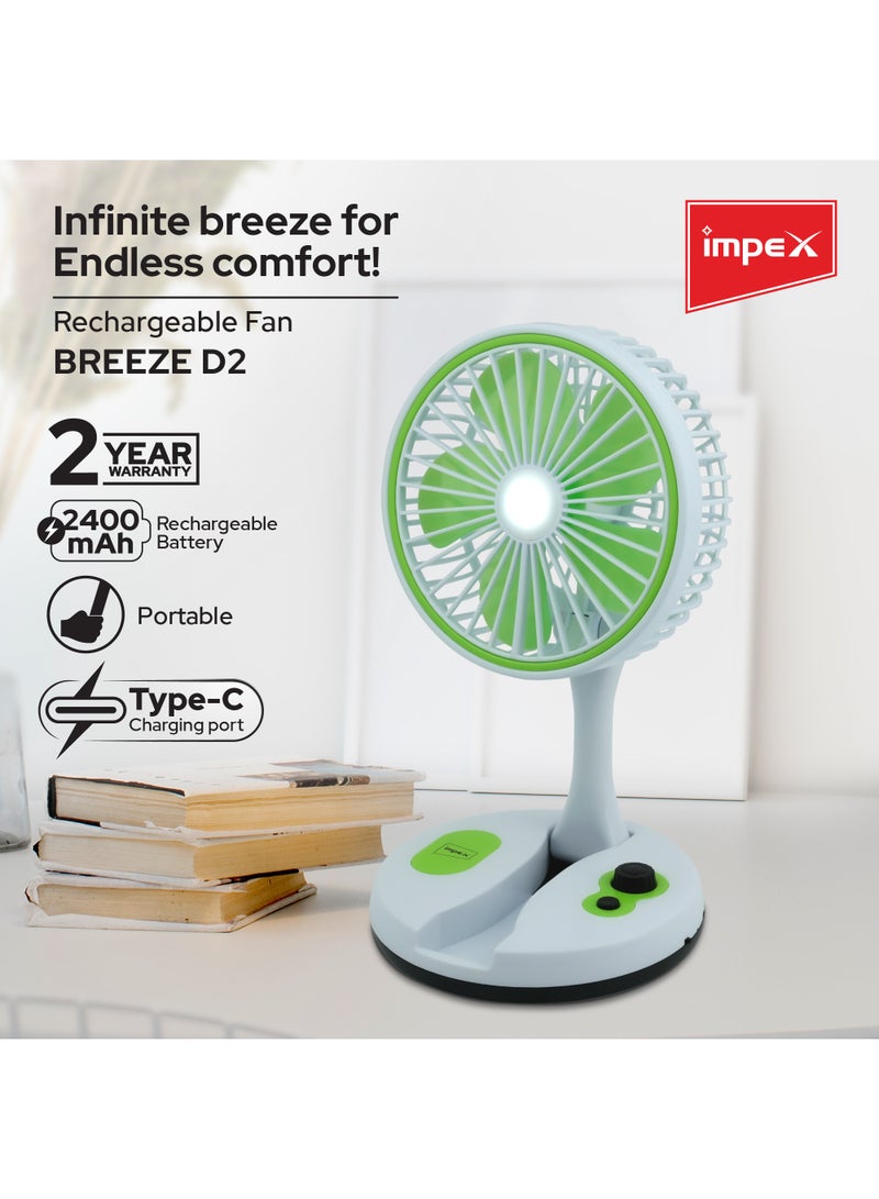 Impex Rechargeable 7 Inch Table Fan | Travel-Friendly Portable Desk Fan with 6 Hr Back-up | 6 SMD LED Night Lamp  Type-C Charging Port ,Perfect for Home, Office Travel Outdoor Breeze D2 Green/White - Image 2