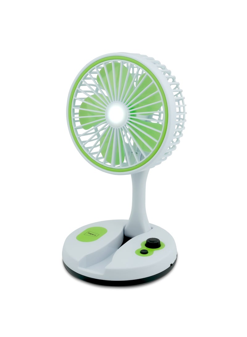 Impex Rechargeable 7 Inch Table Fan | Travel-Friendly Portable Desk Fan with 6 Hr Back-up | 6 SMD LED Night Lamp  Type-C Charging Port ,Perfect for Home, Office Travel Outdoor Breeze D2 Green/White - Image 1