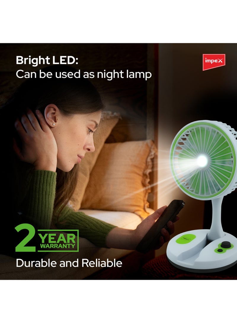 Impex Rechargeable 7 Inch Table Fan | Travel-Friendly Portable Desk Fan with 6 Hr Back-up | 6 SMD LED Night Lamp  Type-C Charging Port ,Perfect for Home, Office Travel Outdoor Breeze D2 Green/White - Image 5