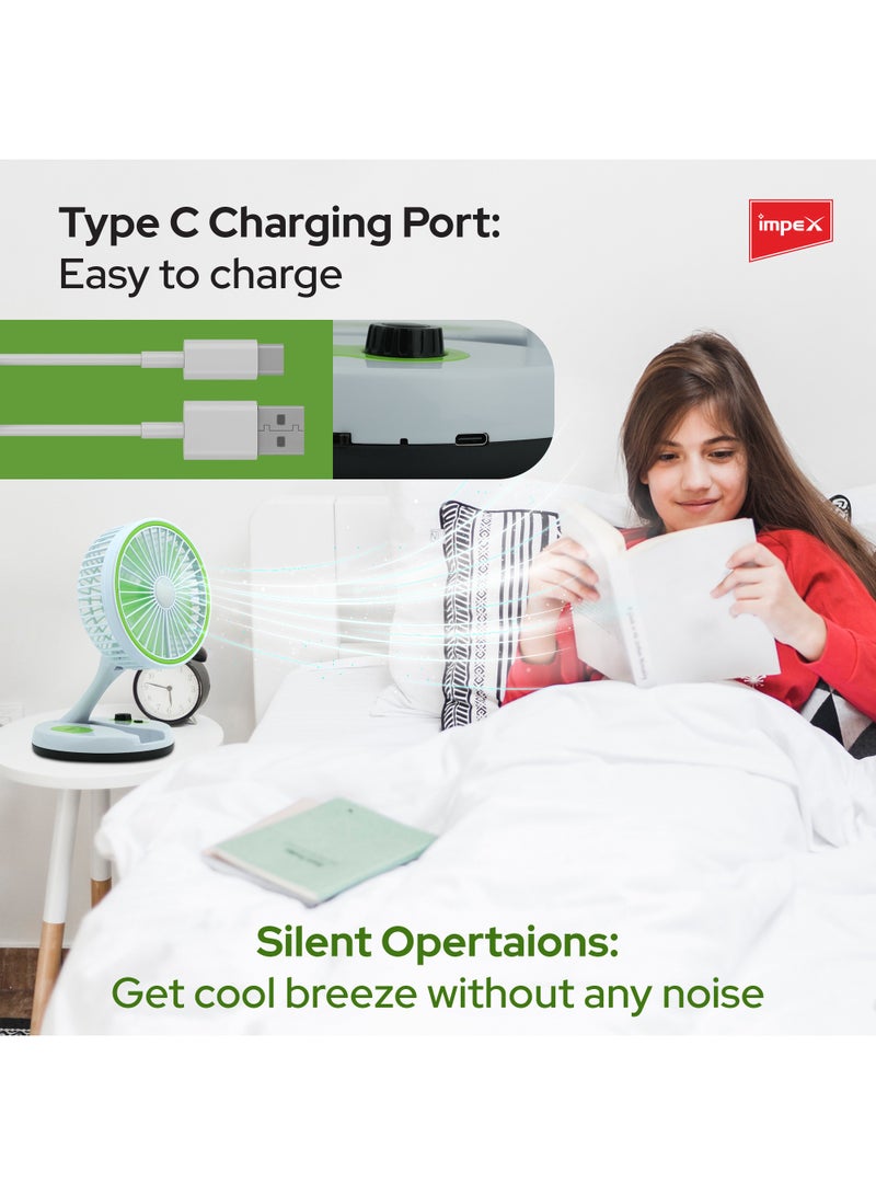 Impex Rechargeable 7 Inch Table Fan | Travel-Friendly Portable Desk Fan with 6 Hr Back-up | 6 SMD LED Night Lamp  Type-C Charging Port ,Perfect for Home, Office Travel Outdoor Breeze D2 Green/White - Image 3