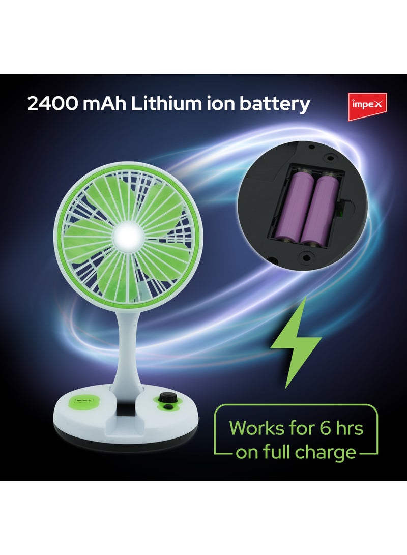 Impex Rechargeable 7 Inch Table Fan | Travel-Friendly Portable Desk Fan with 6 Hr Back-up | 6 SMD LED Night Lamp  Type-C Charging Port ,Perfect for Home, Office Travel Outdoor Breeze D2 Green/White - Image 4