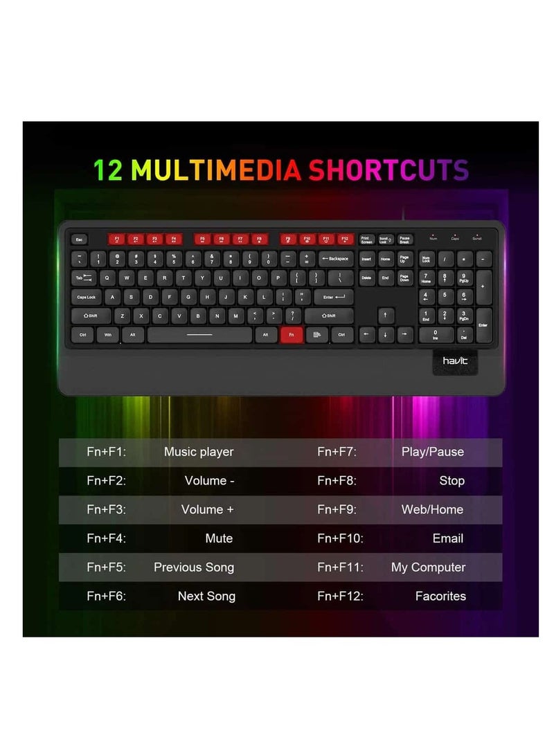 havit KB488L Rainbow Full Membrane Gaming Office Keyboard Ergonomic Design With Wrist Rest For PC Desktop, 108 Keys | AR /Eng Layout  - Image 4