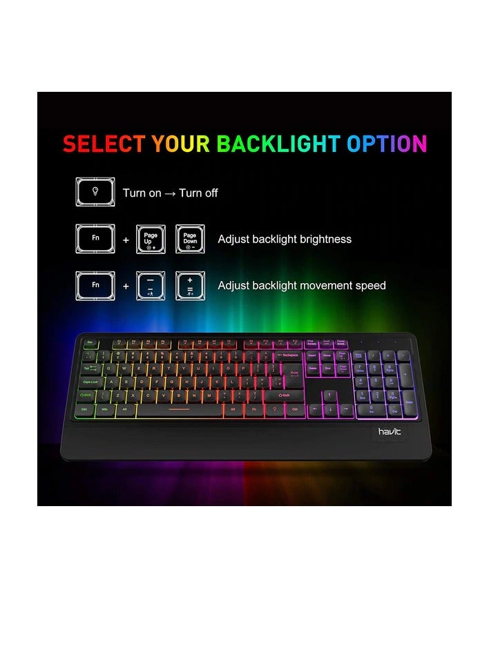 havit KB488L Rainbow Full Membrane Gaming Office Keyboard Ergonomic Design With Wrist Rest For PC Desktop, 108 Keys | AR /Eng Layout  - Image 3