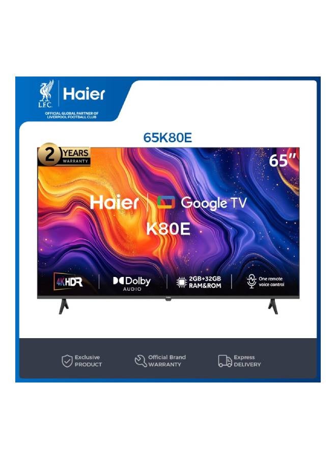 Haier 65 Inch 4K UHD Smart Google TV - Dolby Audio - Stereo Speaker - MEMC/VRR/ALLM  - 2+32GB RAM/ ROM - Voice Control - HDR10 - Chromecast- HDMI 2.1 - Bezel-Less Design - H65K80EU Black - Image 1