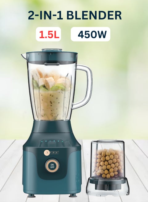 خلاط أفرا 2 في 1، 450 واط، وعاء غير قابل للكسر، محرك نحاسي كامل، مزج، طحن، قاعدة خلاط ABS، استخراج بدون ضوضاء AF-450BLGN، ضمان لمدة عامين